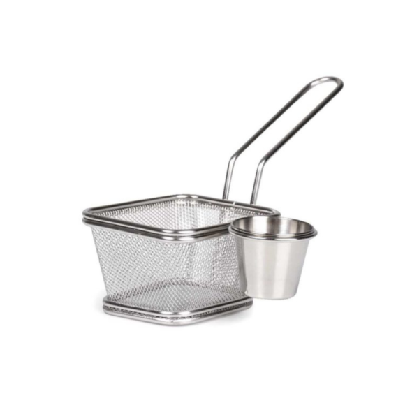Rectangular Fryer Basket with Sauce Cup – 10×9×6 cm